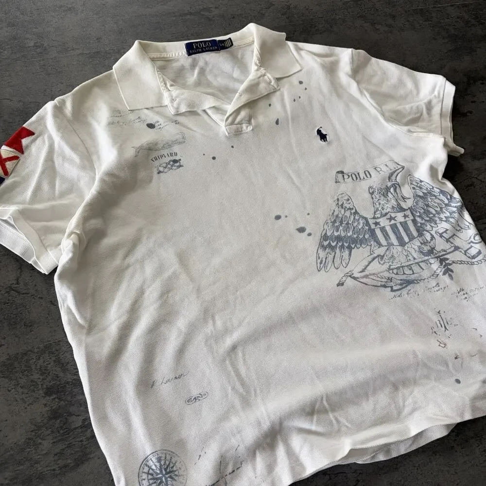 Polo Ralph Lauren Graphic Polo Shirt PRL Nautical Print White Vintage Size L